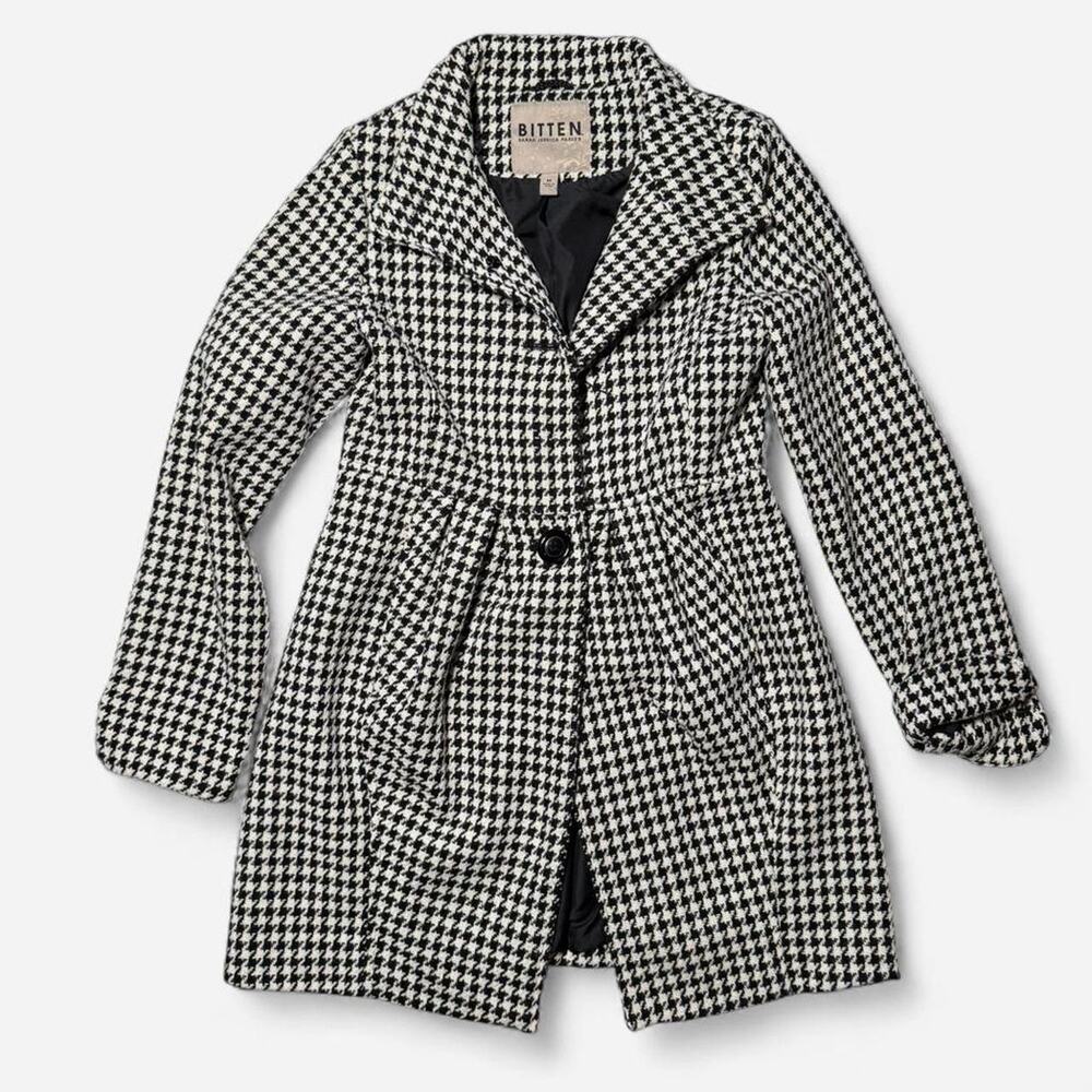 Bitten Sarah Jessica Parker Black White Houndstooth Vintage Wool Blend Peacoat